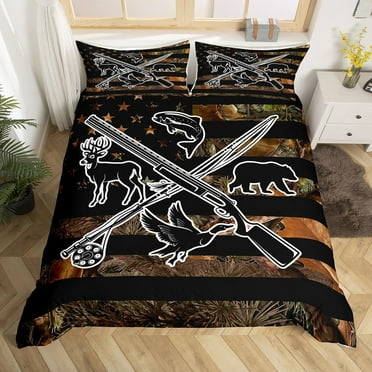 Erosebridal Hunting Fishing Bedding Set Men Camo American Flag Duvet Cover Full Wild Fish Duck Deer Bear Comforter Cover Black Animal Silhouette Camouflage Quilt Cover 2 Pillow Cases