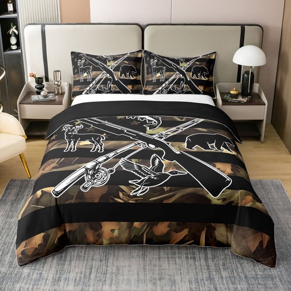 Erosebridal Hunting Fishing Bedding Set Men Camo American Flag Duvet Cover Full Wild Fish Duck Deer Bear Comforter Cover Black Animal Silhouette Camouflage Quilt Cover 2 Pillow Cases