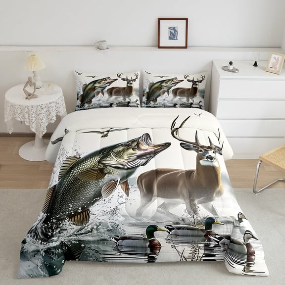 Erosebridal Hunting and Fishing Comforter Sets Full Size, Rustic Deer Comforters & Duvets, Pike Fish Reversible Duvet Insert, Lightweight Bedroom Decoration, 3-Piece