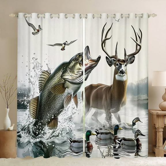 Erosebridal Hunting and Fishing Curtains and Drapes (42x84), Rustic Deer 30%-50% Blackout Curtains for Bedroom, Pike Fish Curtains for Living Room, Bedroom Curtains Bedroom Decoration