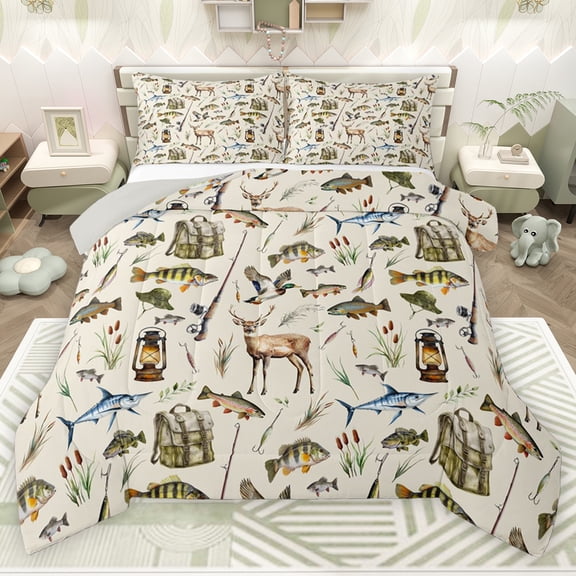 Erosebridal Hunting and Fishing Queen Comforter Set, Rustic Farmhouse Lodge Cabin Bedding Comforter Set, Gray Reversible, 1 Comforter and 2 Pillowcases