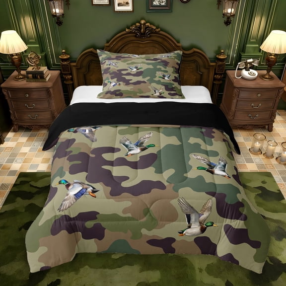 Erosebridal Hunting Mallard Duck Twin Comforter Sets, Farmhouse Green Camo Bedding Set, Black Reversible, 1 Comforter and 1 Pillowcase