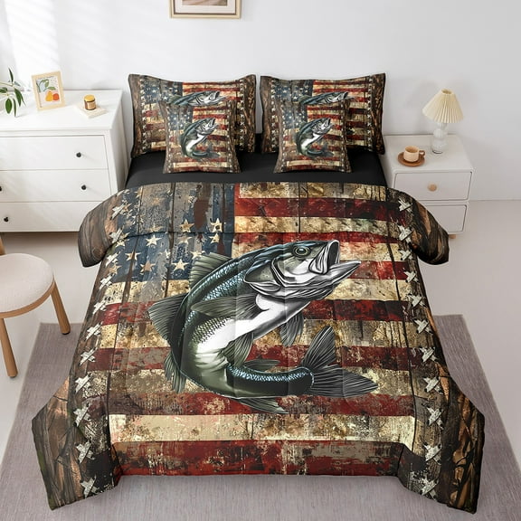 Erosebridal Hunting Pike Fish Bed in a Bag Full Size, Fishing Theme Bed Set, Grunge USA Flag Bed Sheets Setp with Comforter, Rustic Lake House Bedroom Decor, Reversible 7 Pieces