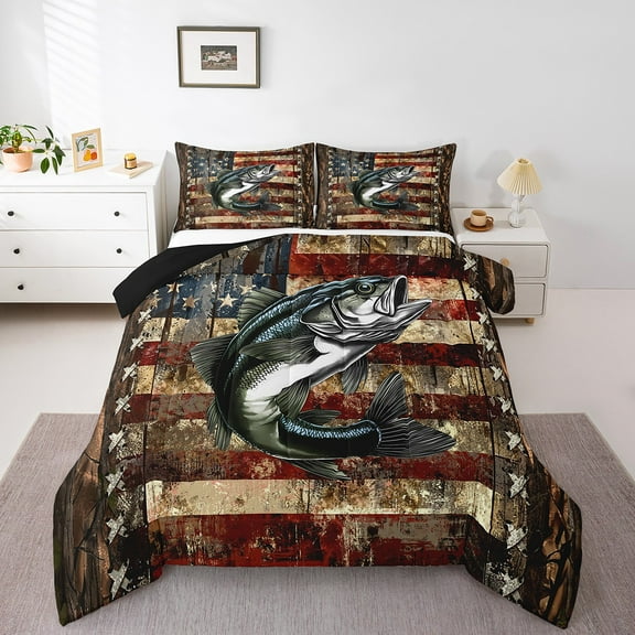 Erosebridal Hunting Pike Fish Bedding Twin Comforter Set, Fishing Theme Down Comforter, Grunge USA Flag Bedding Sets Twin with Comforter, Rustic Lake House Bedroom Decor, 2 Pieces