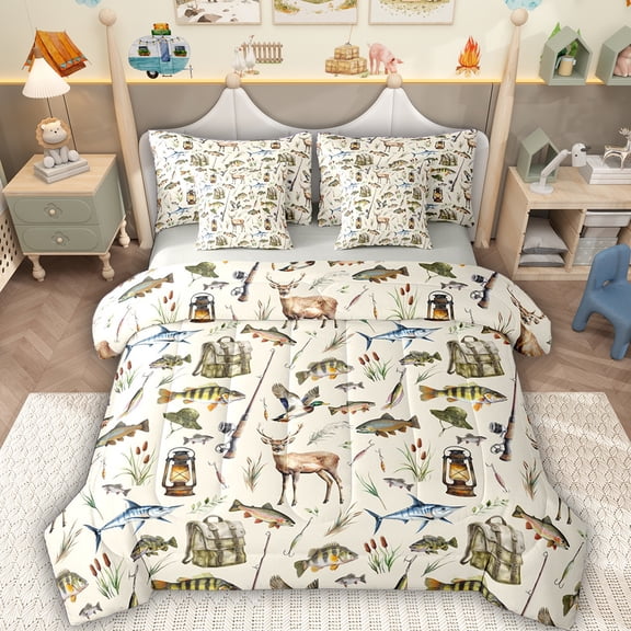 Erosebridal Hunting and Fishing Bedding Comforter Set, Rustic Farmhouse Lodge Cabin King Bedding Sets, Gray Reversible, 7 Pieces