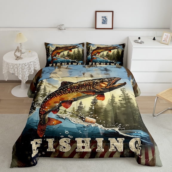Erosebridal Hunting and Fishing Bedding King Comforter Set, Bass Fish Down Comforter, Rustic Animal Decor, Reversible 3pcs