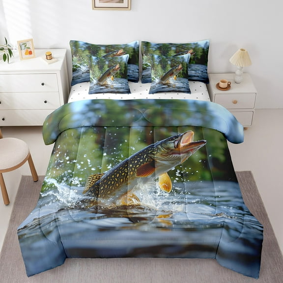 Erosebridal Hunting and Fishing Bedding Sets Full Size, Bass Fish Comforter Sets with Sheets, Rustic Animal Decor, 7-Piece