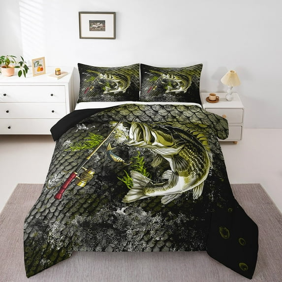 Erosebridal Hunting and Fishing Bedding Sets King with Comforter, Lake Pike Fish Duvet Insert, Vintage Lodge Cabin Decor, Reversible 3pcs