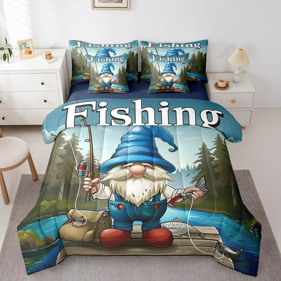 Erosebridal Hunting and Fishing Bedding Sets Twin Size, Kawaii Gnome Comforter Sets with Sheets, Rustic Lake Decor, Reversible 7pcs