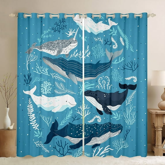 Erosebridal Cartoon Whale Curtains for Living Room,Ocean Animal 30%-50% Blackout Curtains Set of 2 (38x45),Curtains Pack of 2 (38x45),Marine Decor