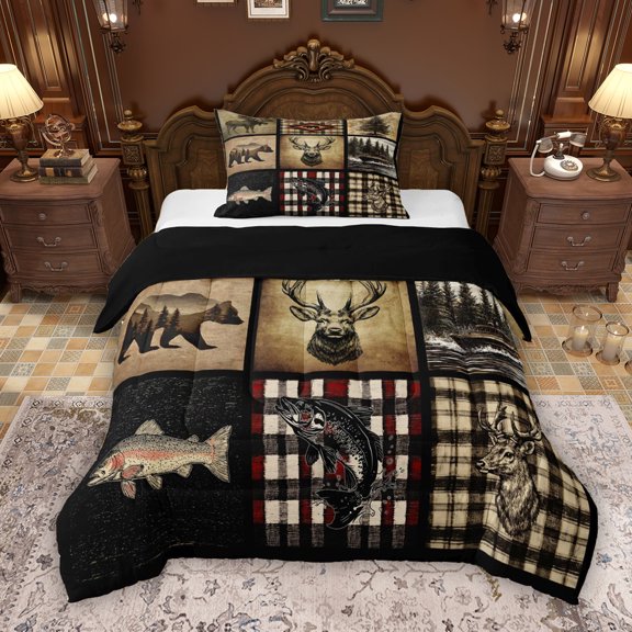 Erosebridal Hunting and Fishing Twin Comforter Sets, Deer Bear Fish Bedding Set, Black Reversible, 1 Comforter and 1 Pillowcase