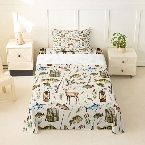 Erosebridal Hunting and Fishing Twin Sheet Sets, Rustic Farmhouse Lodge Cabin Bedding, 1 Flat Sheet, 1 Fitted Sheet and 1 Pillowcase