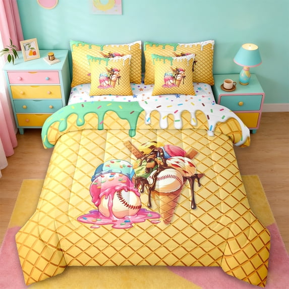Erosebridal Ice Cream Baseball 7-Piece Bedding Comforter Set For Kids,Sport Games Theme King Bedding Sets For Ball Gaming Lover,Reversible