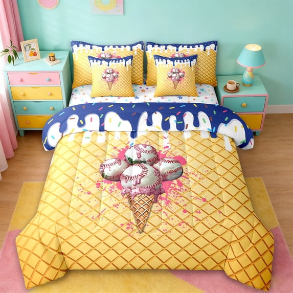 Erosebridal Ice Cream Baseball 7-Piece Twin Bedding Sets,Boys Ball Sport Games Bedding Comforter Set For Kids,Reversible