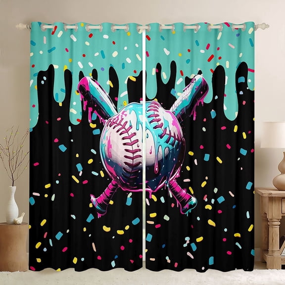 Erosebridal Ice Cream Baseball Curtains Pack of 2 (42x84 Each), Teal Sprinkle Curtains Blackout for Girls