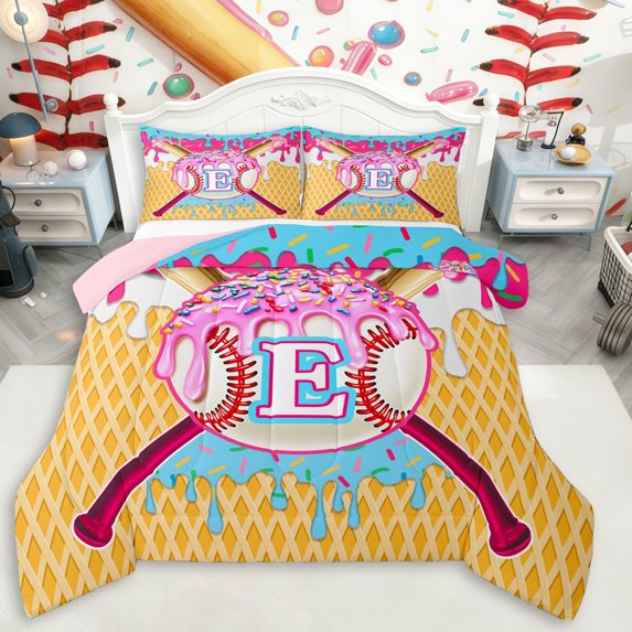 Erosebridal Ice Cream Baseball Print Queen Comforter Set 3pcs For Kids,Boys Sport Theme Personalized Initial E Bedding Comforter Set,Pink Reversible