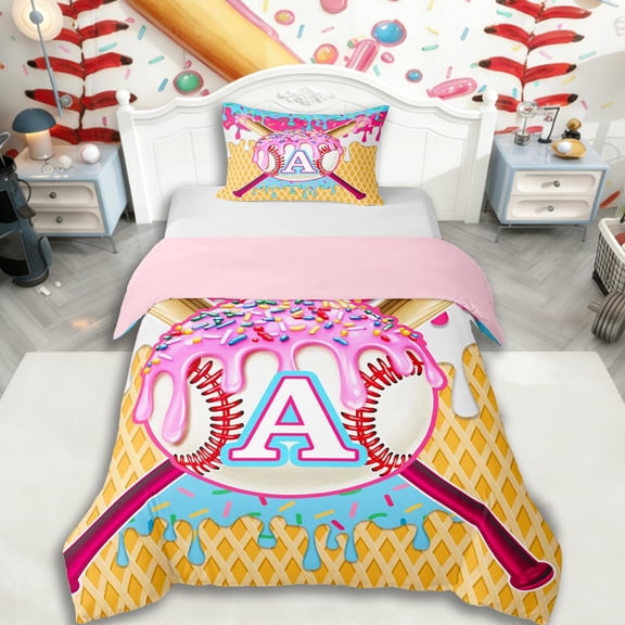 Erosebridal Ice Cream Baseball Print Twin Bedding For Kids,Boys Sport Theme Personalized Initial A Duvet Cover Set,Pink Reversible,2pcs,No Comforter