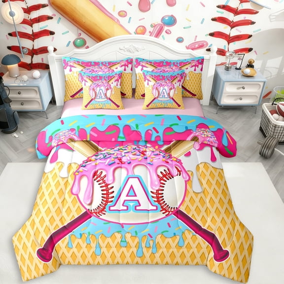 Erosebridal Ice Cream Baseball Print Twin Bedding Sets 7-Piece For Kids,Boys Sport Theme Personalized Initial A Bedding Comforter Set,Pink Reversible