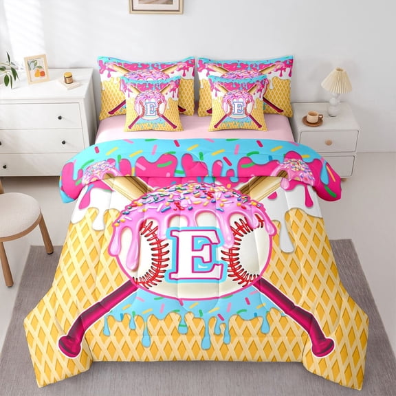 Erosebridal Ice Cream Baseball Print Twin Bedding Sets 7-Piece For Kids,Boys Sport Theme Personalized Initial E Bedding Comforter Set,Pink Reversible