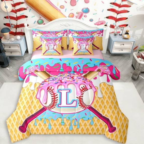 Erosebridal Ice Cream Baseball Print Twin Bedding Sets 7-Piece For Kids,Boys Sport Theme Personalized Initial L Bedding Comforter Set,Pink Reversible