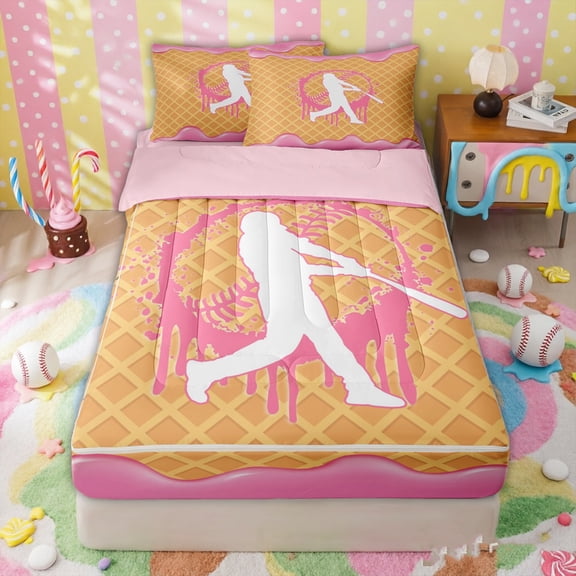 Erosebridal Ice Cream Baseball Zipper Twin Comforter Sets with Fitted Sheet and 2 Pillowcases for Girls, Candy Sprinkle Drip Zipper Bedding Set, Pink Reversible, 4-Piece