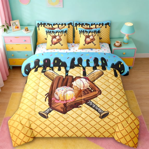 Erosebridal Ice Cream Drip 7-Piece Twin Bedding Sets,Kids Baseball Ball Sport Bedding Comforter Set For Boys,Reversible
