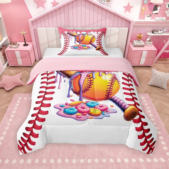 Erosebridal Ice Cream Drip Twin Comforter Sets, Baseball Sport Bedding Set for Kids Girls, Pink Reversible, 1 Comforter and 1 Pillowcase