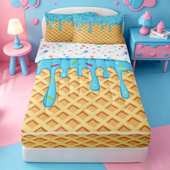 Erosebridal Ice Cream Drip Zipper Twin Comforter Sets with Fitted Sheet and 2 Pillowcases,Rainbow Sprinkle Waffle Zipper Bedding Set For Boys,Colorful Stars Reversible,4pcs