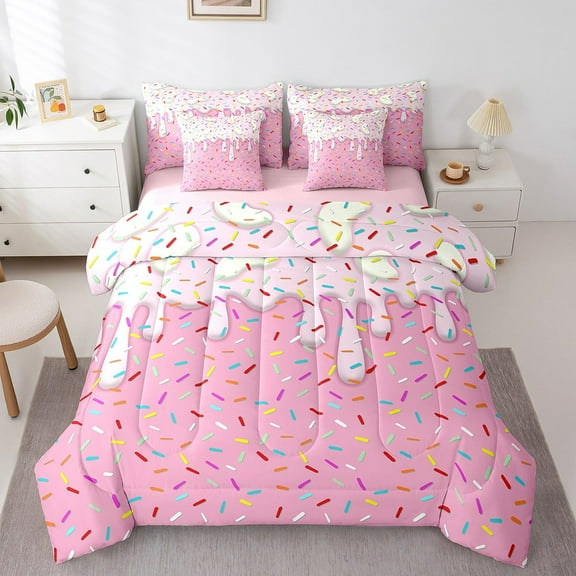 Erosebridal Ice Cream Print Bedding Sets Twin Size,Colorful Dressert Comforter Sets with Sheets,Princess Pink Bed in a Bag Twin Size For Girly Teens,Lightweight Bedroom Decorative Reversible,7-Piece