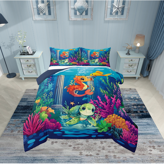 Erosebridal Sea Turtle Seahorse Bedding Twin Comforter Set,Underwater World Down Comforter,Marine Room Decorative,Reversible,Lightweight,2-Piece