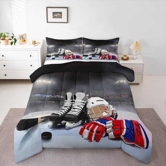Erosebridal Ice Hockey Comforter Set Full, Hockey Player Down Comforter Teens Juvenile, Sports Game Duvet Set, Soft Winter Quilted Duvet Sports Bedroom Decor for All Season