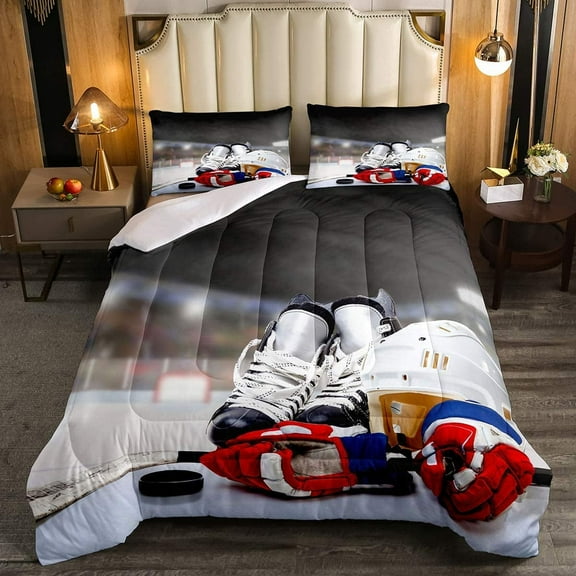 Erosebridal Ice Hockey Comforter Set Full, Hockey Player Down Comforter Teens Juvenile, Sports Game Duvet Set, Soft Winter Quilted Duvet Sports Bedroom Decor for All Season