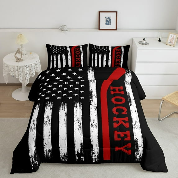 Erosebridal Ice Hockey Comforter Sets Queen Size s, American Flag Comforters & Duvets, Wooden Plank Decor, 3pcs