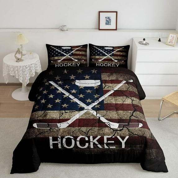 Erosebridal Ice Hockey Duvet Insert Full Size, American Flag Comforter Set Teens, Hockey Sports Game Bedding Set United States Federations Stars Stripes Retro Quilt with 2 Pillow Cases