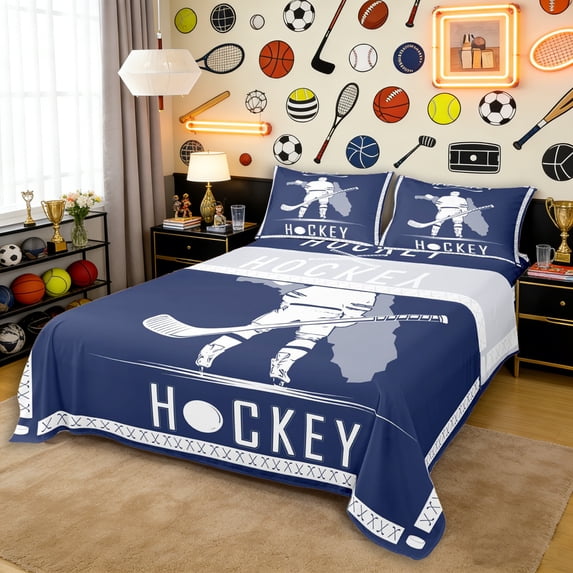 Erosebridal Ice Hockey Full Size Sheets 4-Piece for Boys Girls,Kids Teens Sport Gamer Bed Sheets,Microfiber Bedroom Decor
