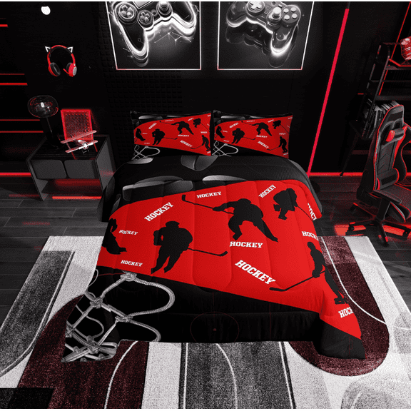 Erosebridal Ice Hockey Sports Bedding Twin Comforter Set, Stripes Down Comforter, Black Red, Reversible 2-Piece