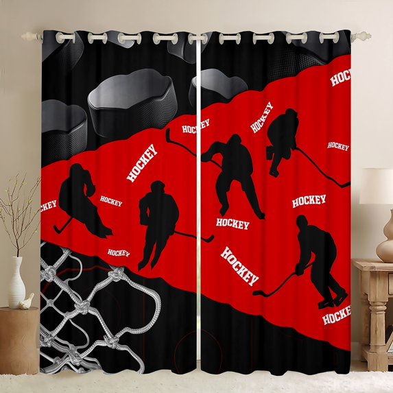 Erosebridal Ice Hockey Sports Curtains Pack of 2 (42x90), Stripes 30%-50% Black Out Curtains, Black Red