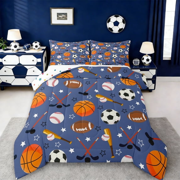 Erosebridal Ice Hockey Stick Queen Comforter Set,Boys Ball Games Rugby Sport Bedding Comforter Set For Kids Teens,Reversible 3 Pieces
