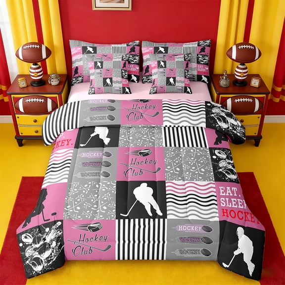 Erosebridal Ice Hockey Theme Bedding Sets Twin Size,Sports Comforter Sets With Sheets,Pink Gray Checkered Bed In A Bag Twin Size, Lightweight Bedroom Decorative,7-Piece Reversible