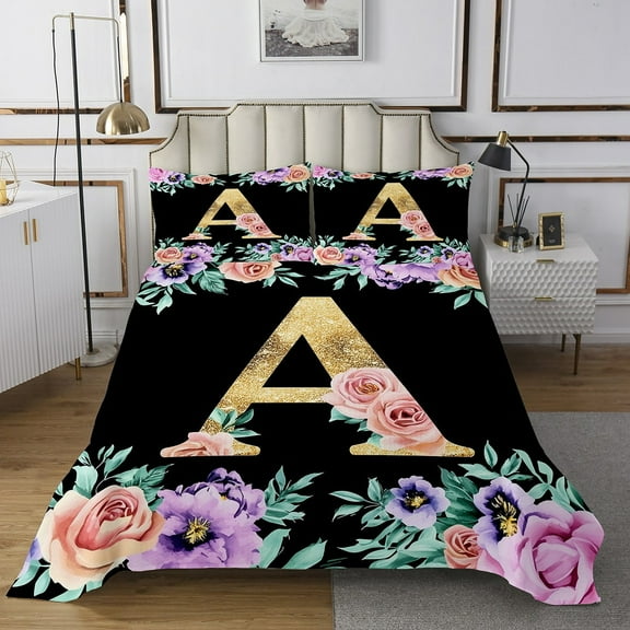 Erosebridal Initial A Letter Bedspread Sets Twin Size, Princess Rose Bed Quilt, Gold Monogrammed Coverlet Set Twin, Breathable Room Decorative, 2pcs