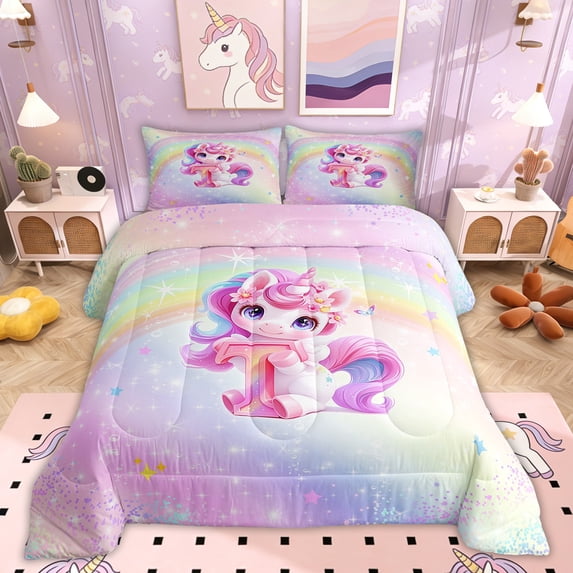 Erosebridal Initial A-Z Bedding Twin Comforter Set, Initial Letter T Down Comforter, Girly Fairy Unicorn Decor, Reversible