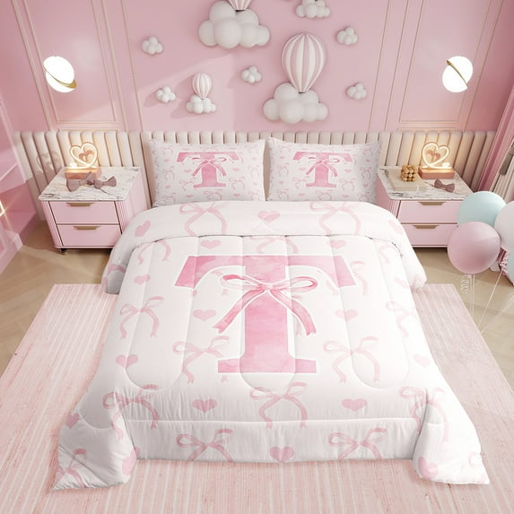 Erosebridal Romantic Initial A-Z Bedding King Comforter Set, Initial Letter T Down Comforter, Girly Fairly Decor, Reversible