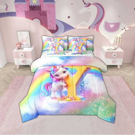 Erosebridal Initial A to Z Letter Bedding Full Size, Monogrammed Y Bed Set, Unicorn Reversible Bedding Sets Full Size, Microfiber Bedroom Decor, 7pcs