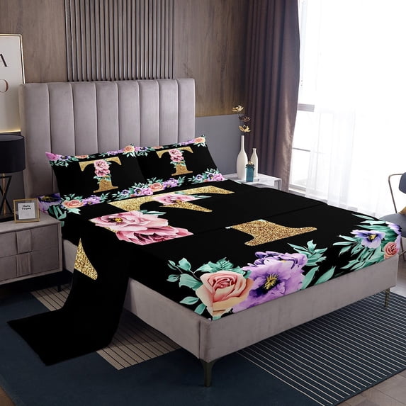 Erosebridal Initial A to Z Letter Twin Sheet Sets, Monogrammed T Bedding Twin Size, Retro Flower Bed Sheets Twin, Super Cozy Room Decoration, 3pcs