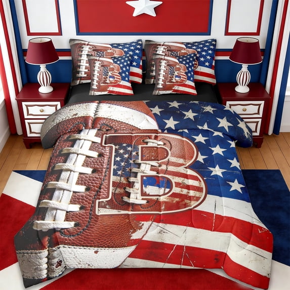 Erosebridal Initial Alphabet B 7pcs Bedding Comforter Set,American Rugby Sport Games Kids Queen Bedding Sets For Boys,Reversible black