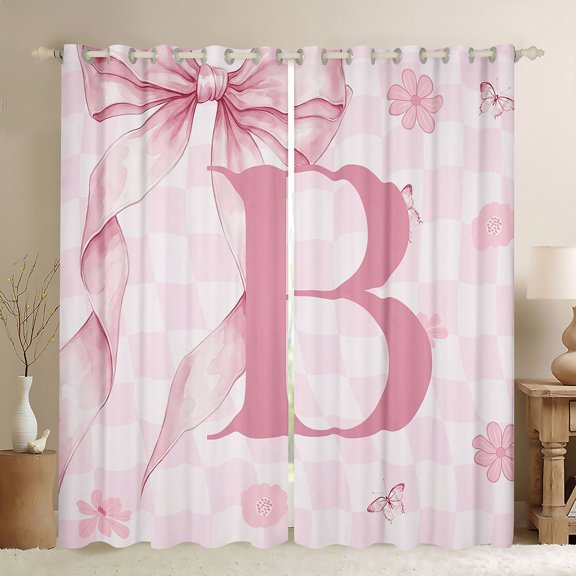 Erosebridal Initial Alphabet B Kids Black Out Curtains,Pink Floral Flowers Curtains Pack of 2 (42x63 Each) For Bowtie Girls