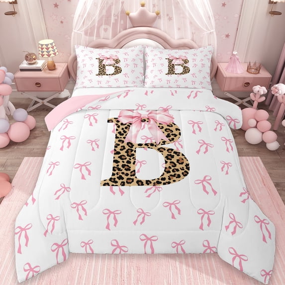 Erosebridal Initial Alphabet B Queen Comforter Set,Princess Bowknot Wild Cheetah Pattern Bedding Comforter Set For Bowtie Girls, Reversible 3pcs