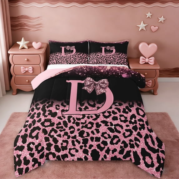 Erosebridal Initial Alphabet D Queen Comforter Set,Wild Cheetah Print Kids Pink Bowknot Bedding Comforter Set For Leopard Lovers,Reversible pink,3-Piece