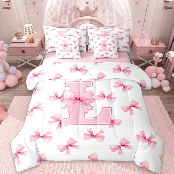 Erosebridal Initial Alphabet L 7-Piece Twin Bedding Sets,Dreamy Princess Bowknot Bedding Comforter Set For Bowtie Girls,Reversible