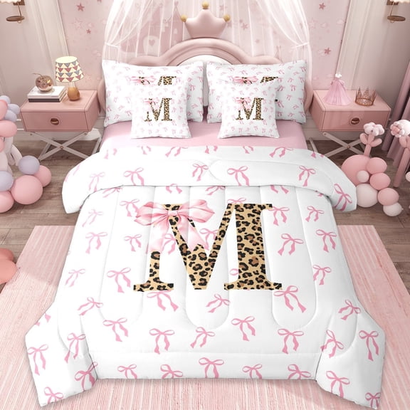 Erosebridal Initial Alphabet M 7-Piece Twin Bedding Sets,Princess Bowknot Wild Cheetah Pattern Bedding Comforter Set For Bowtie Girls,Reversible